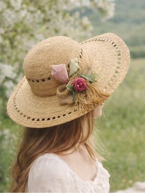Romantic Cottagecore Straw Sun Hat Floral Bow Tassel Wide Brim Garden